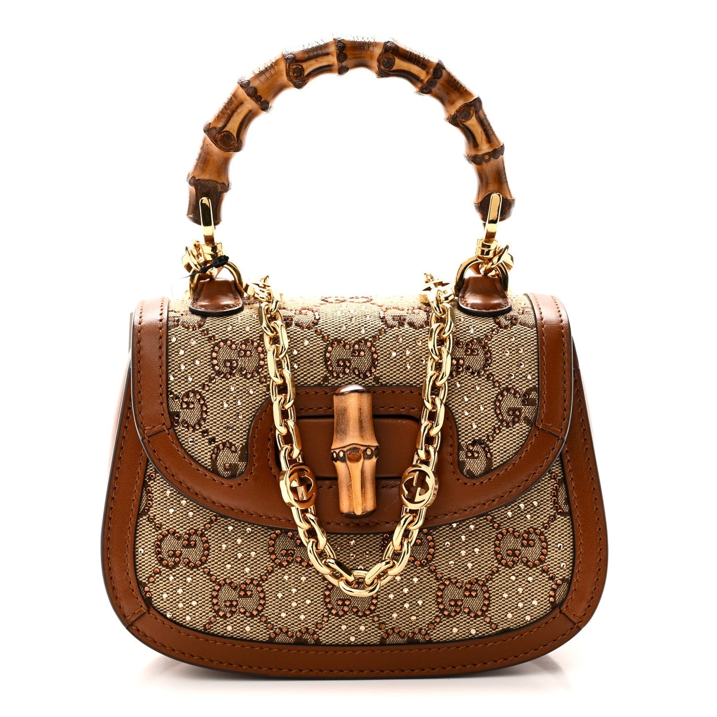 New Canvas Charisma Calfskin Crystal GG Monogram Small Bamboo 1947 Top Handle Bag Camel Ebony
