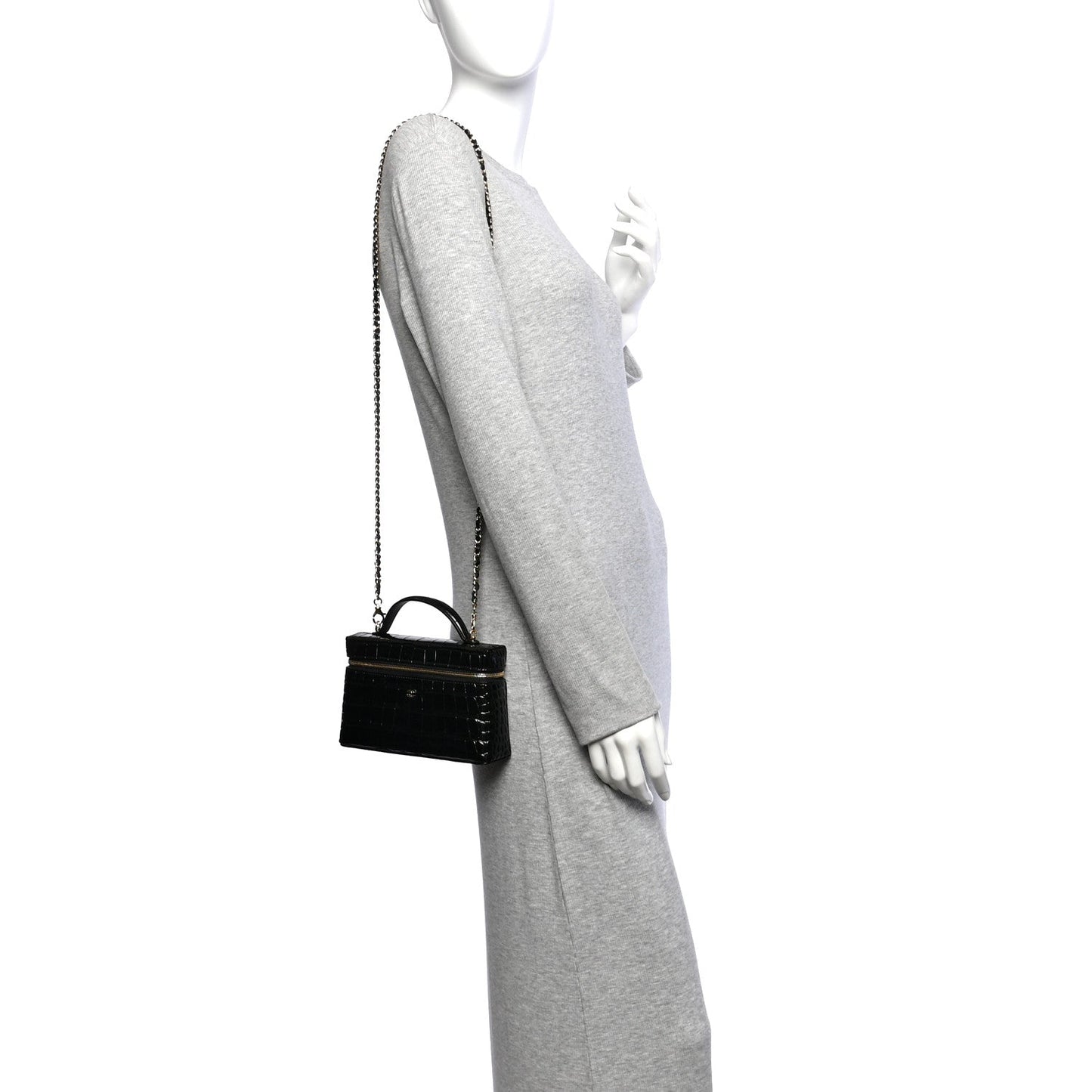 Calfskin Crocodile Embossed Crococo Top Handle Slim Vanity Case With Chain Black