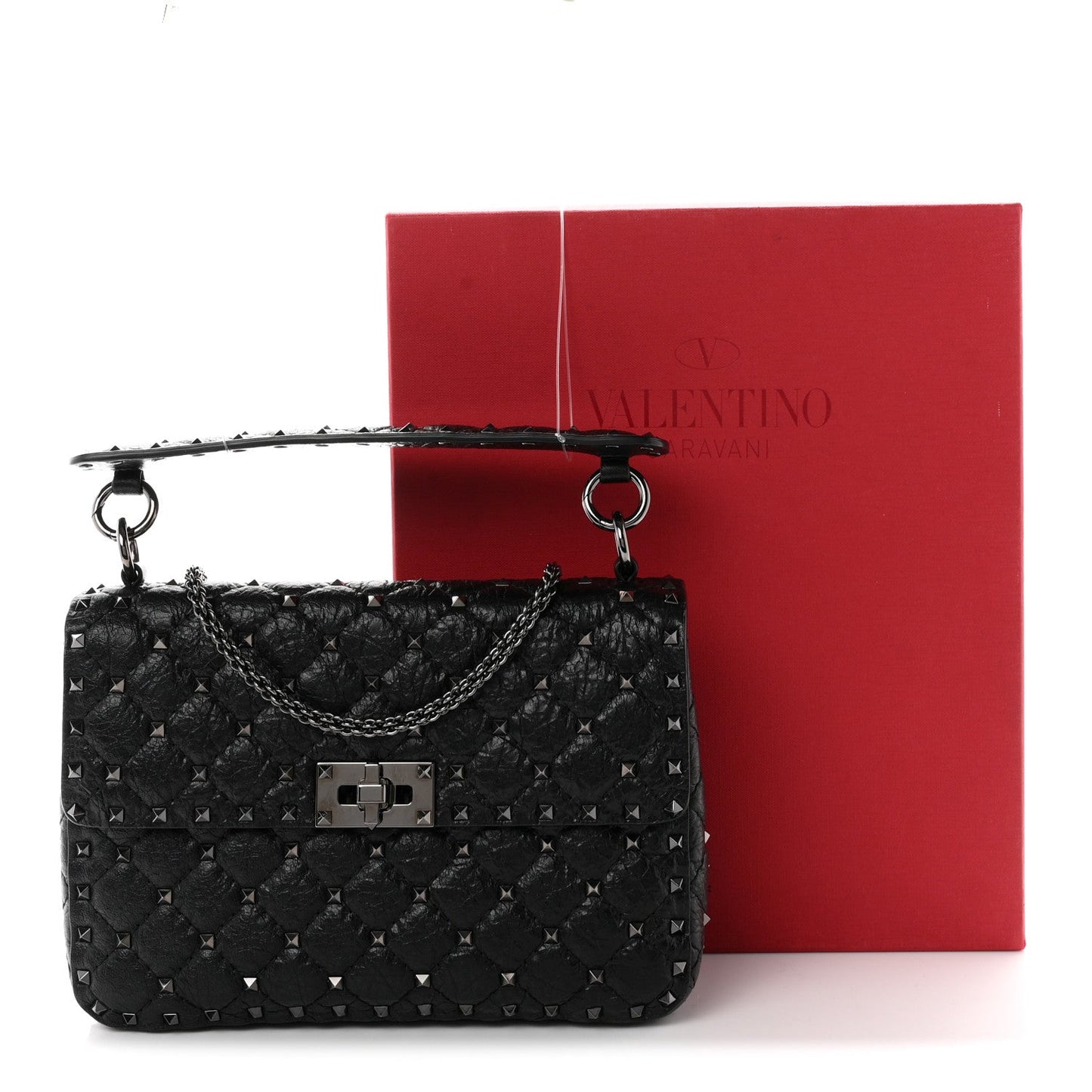Craquele Nappa Medium Rockstud Spike Shoulder Bag Black