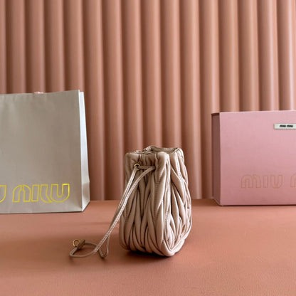 Matelassé Mini Drawstring Handbag Apricot Lambskin