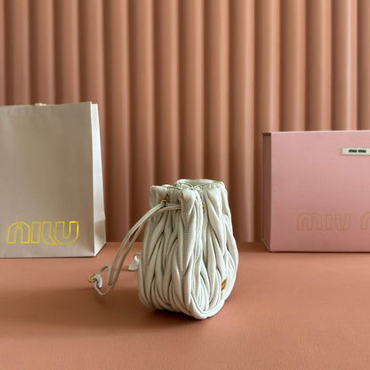 Matelassé Mini Drawstring Handbag White Lambskin