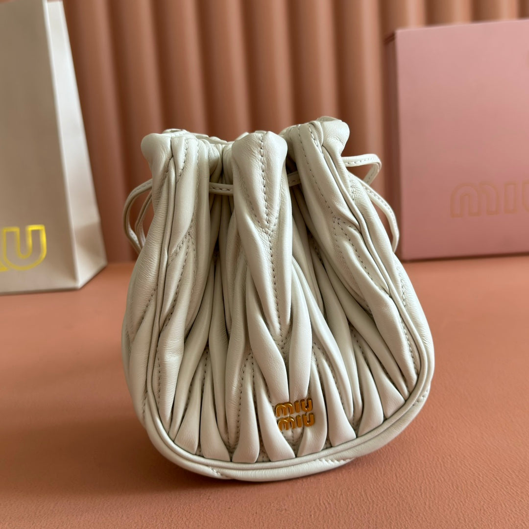 Matelassé Mini Drawstring Handbag White Lambskin