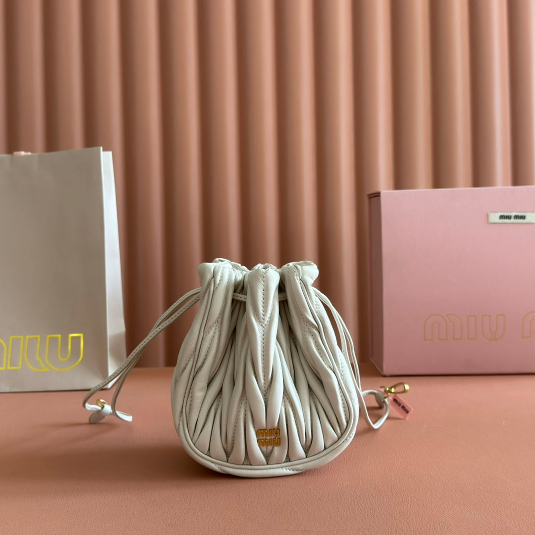 Matelassé Mini Drawstring Handbag White Lambskin